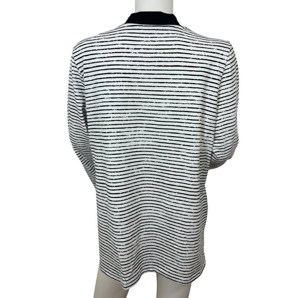 E.L.I Tunic Top XL Black White Stripes Long Sleeve V-Neck Buttons Arms Slits - Picture 2 of 15